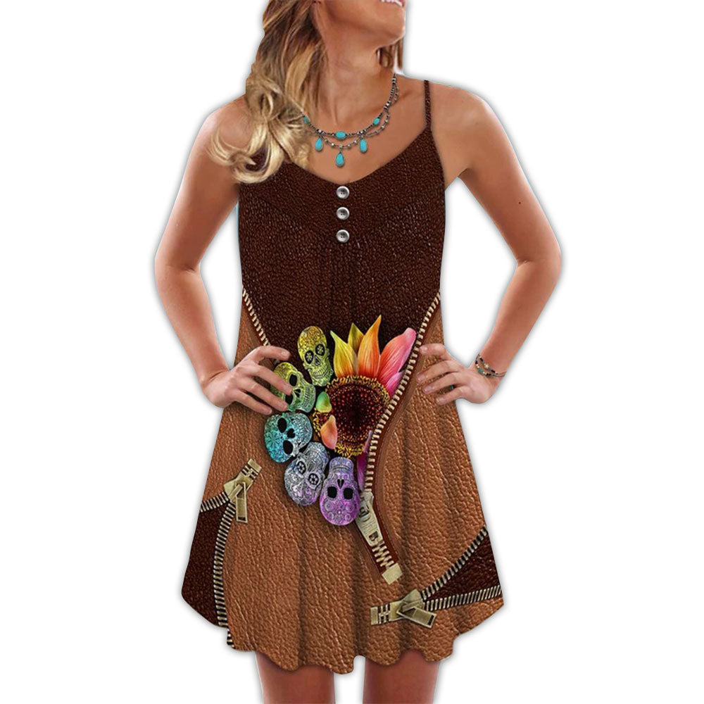 Sugar Skull Sunflower Leather – Women's Summer Sleeveless V-Neck Camisole Dress