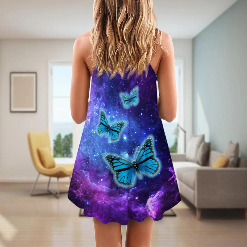 Purple Butterfly Skull Mysterious – Women's Summer Sleeveless V-Neck Camisole Dress