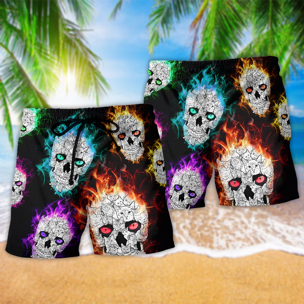 Fire Colorful Skull Smile Art - Beach Short