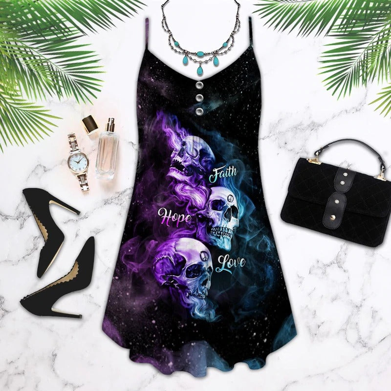Skull Faith Hope Love – Women's Summer Sleeveless V-Neck Camisole Dress