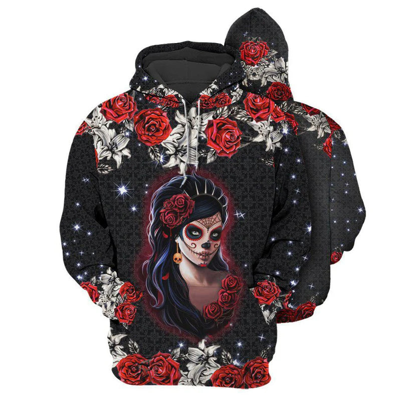 Skull Girl Red Rose Art – 3D Hoodie