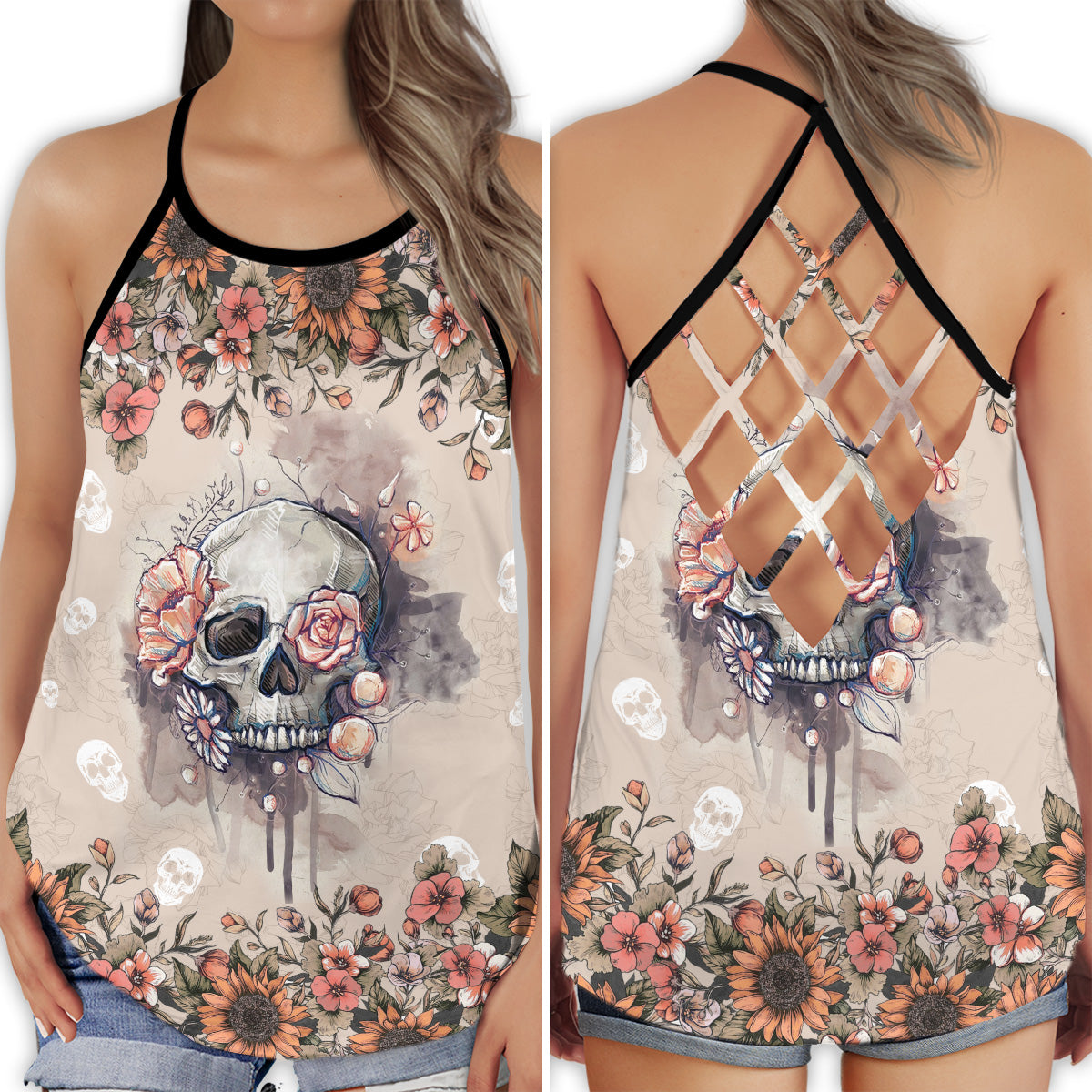 Skull Flower Gothic Soft Dark Floral Aesthetic Style - Hollow Tank Top