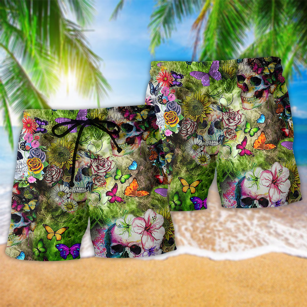 Skull Love Butterfly Floral Art – Beach Short