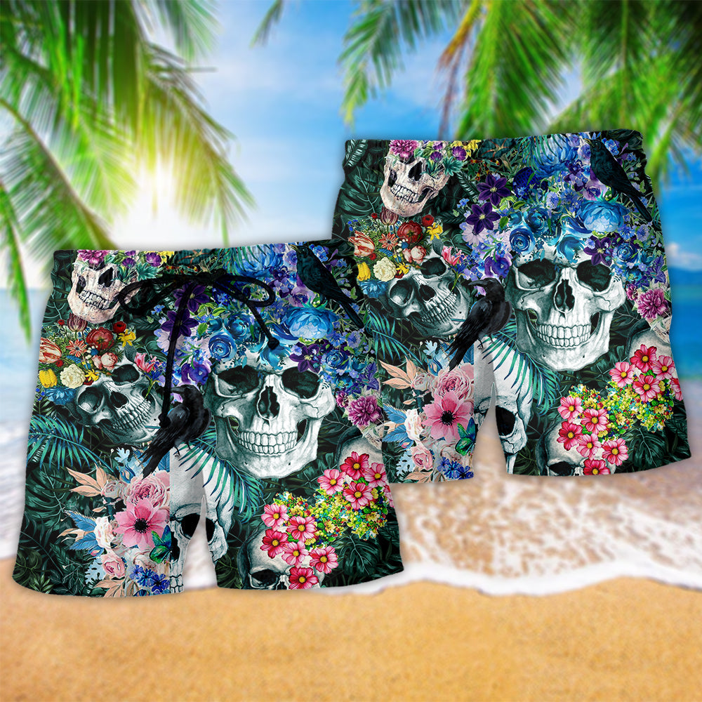 Smiling Skull Floral Blue Art - Beach Short