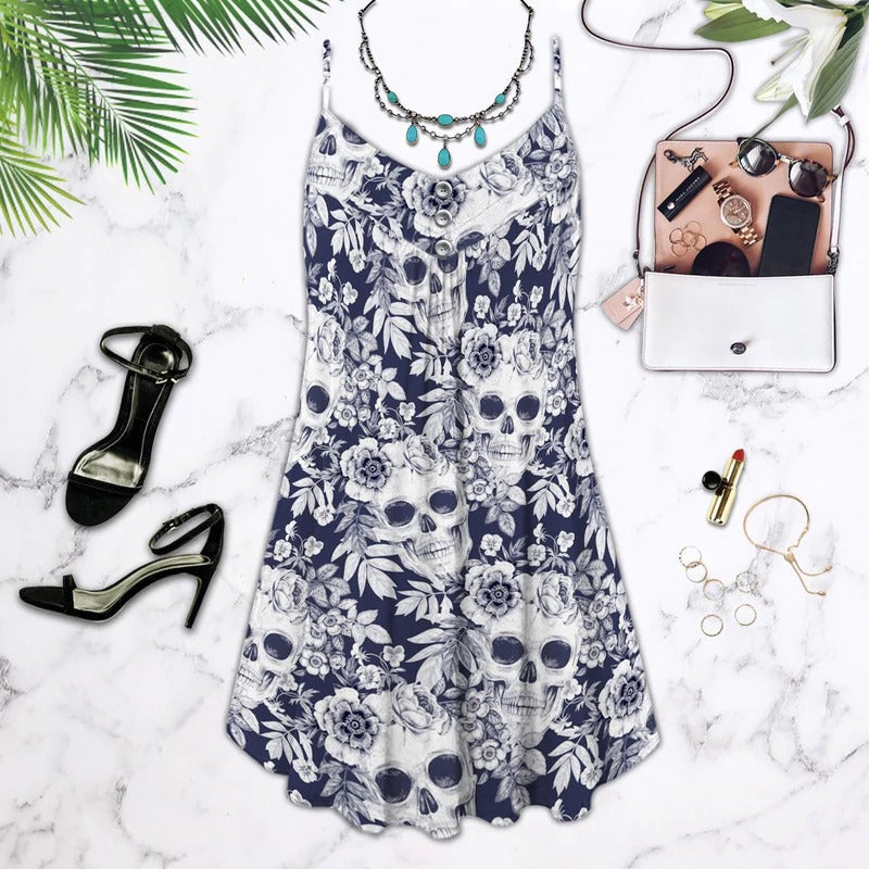 Tropical Skull Pattern – Women's Summer Sleeveless V-Neck Camisole Dress