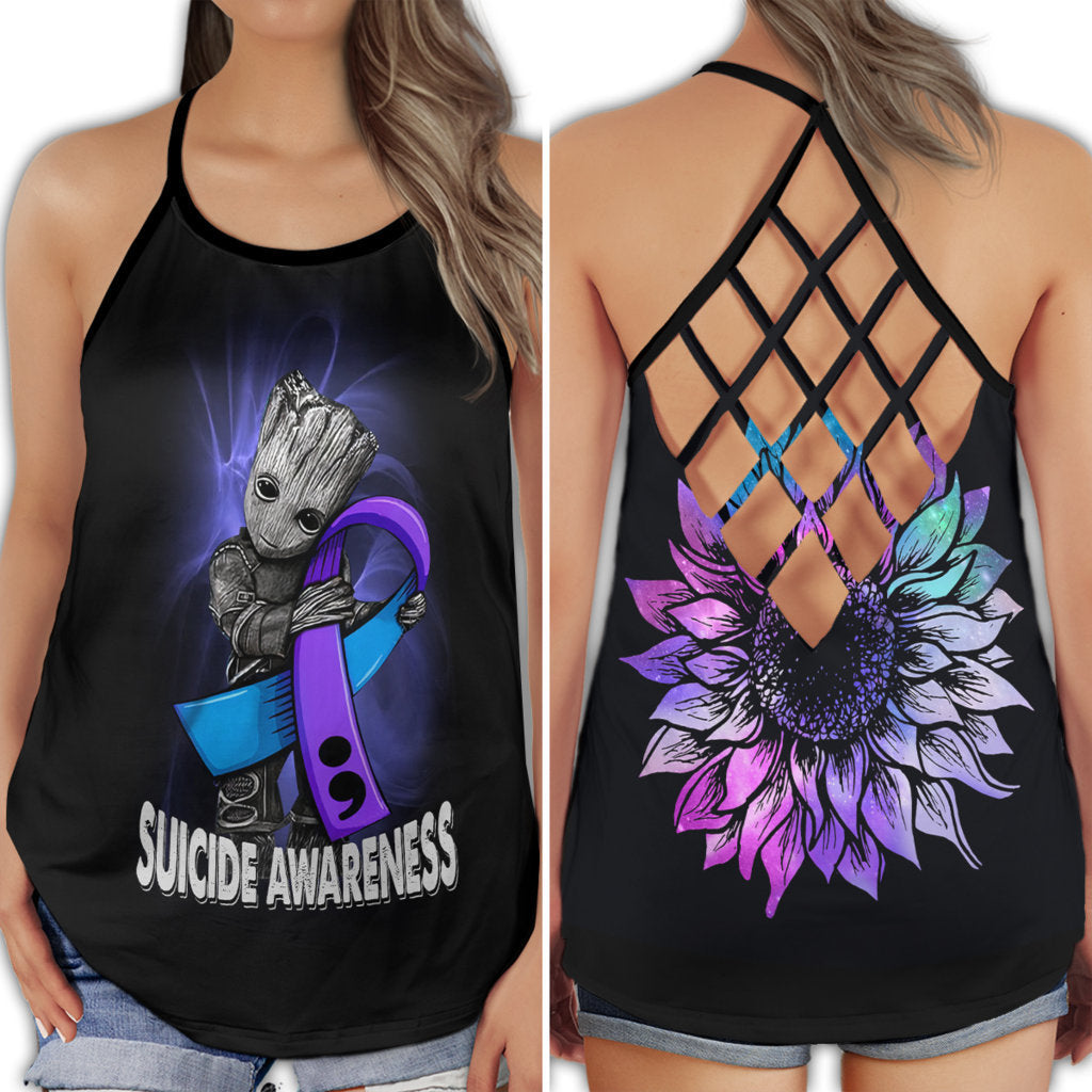 Suicide Awareness Blue Flowers Hope Support Message Art - Hollow Tank Top