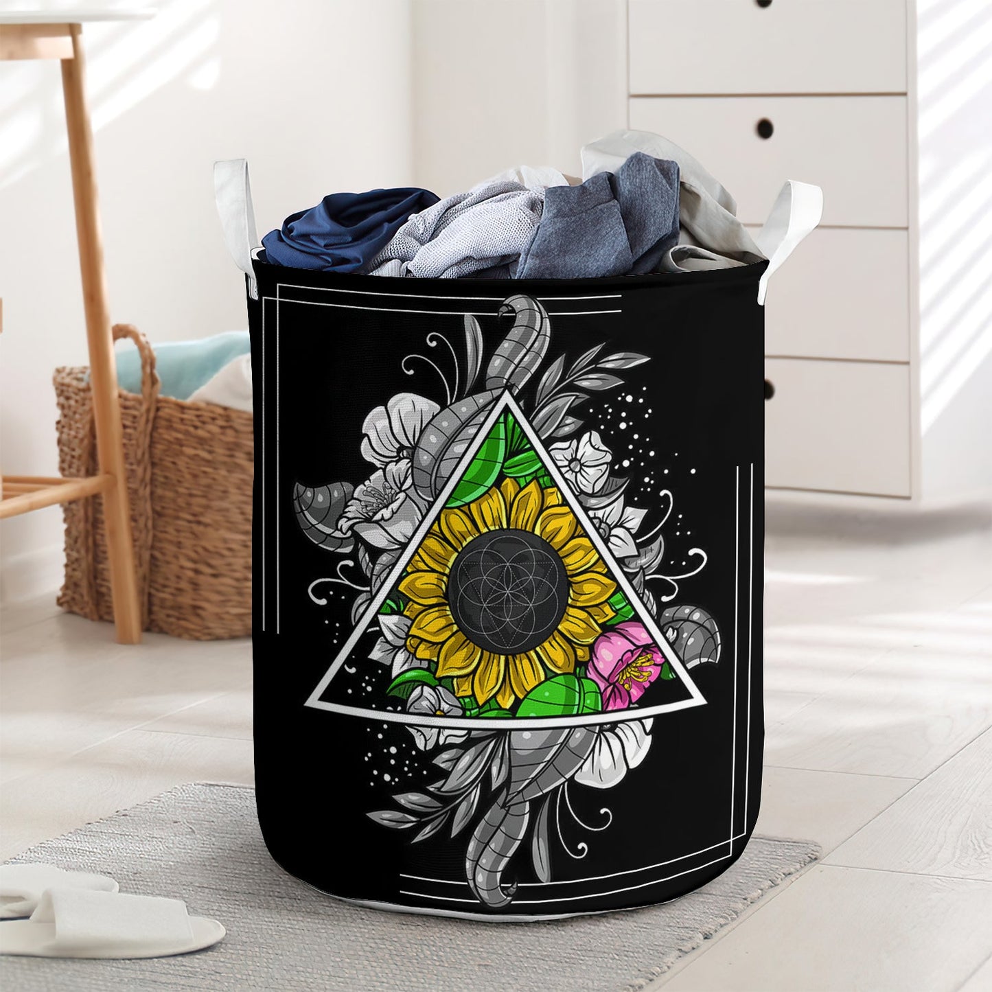 Sunflower peace floral black style - Laundry basket - LAUB08LIN020322 - Owls Matrix LTD