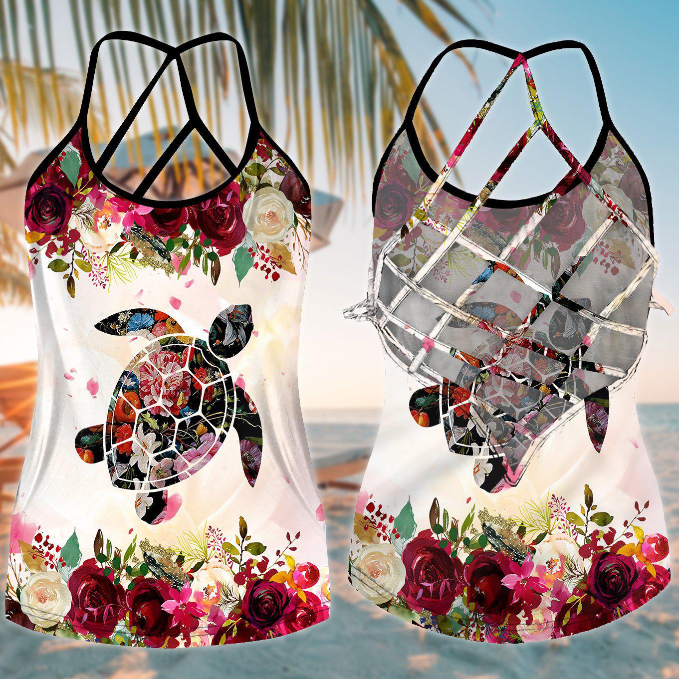 Turtle Loves Beach Loves Ocean Limited 3 - Cross Open Back Camisole Tank Top -CROT03NGA230621-Owls Matrix