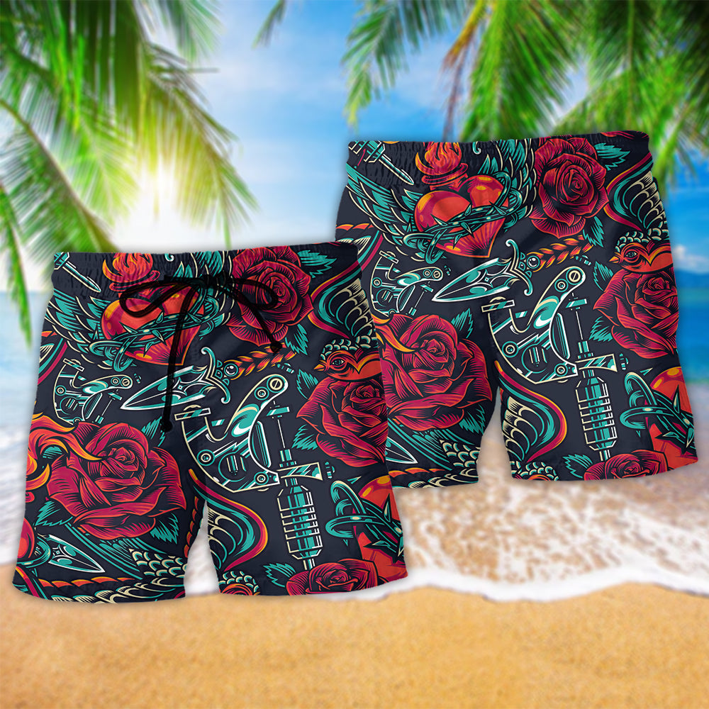 Tattoo Red Rose Heart Art – Beach Short