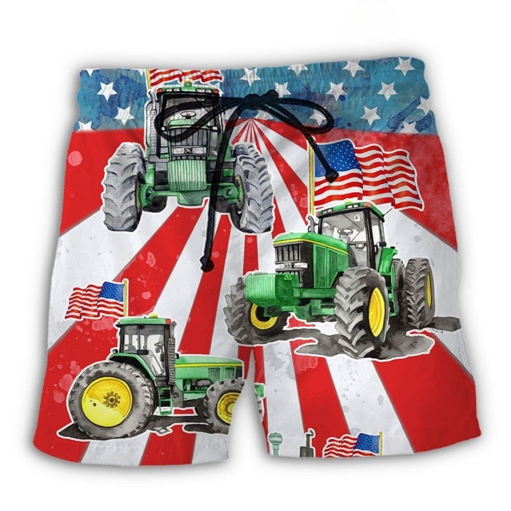 Tractor Watercolor USA Flag Independence Day - Beach Short