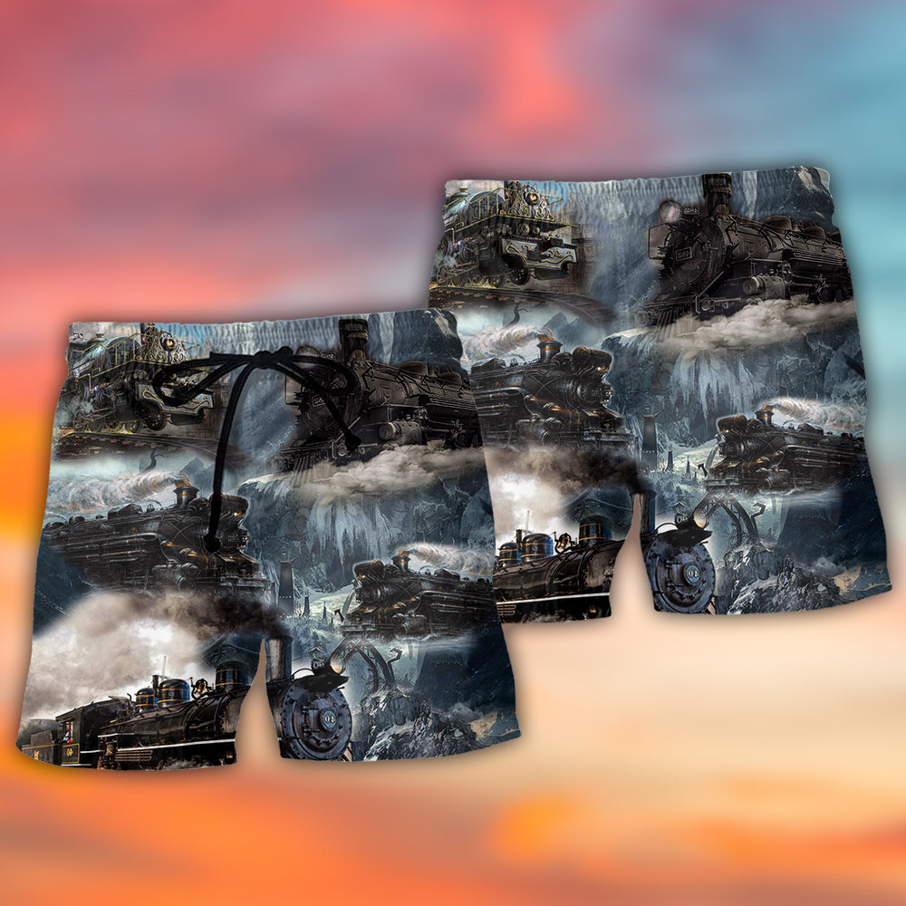 Train Near Stream Scenic Art – Beach Short