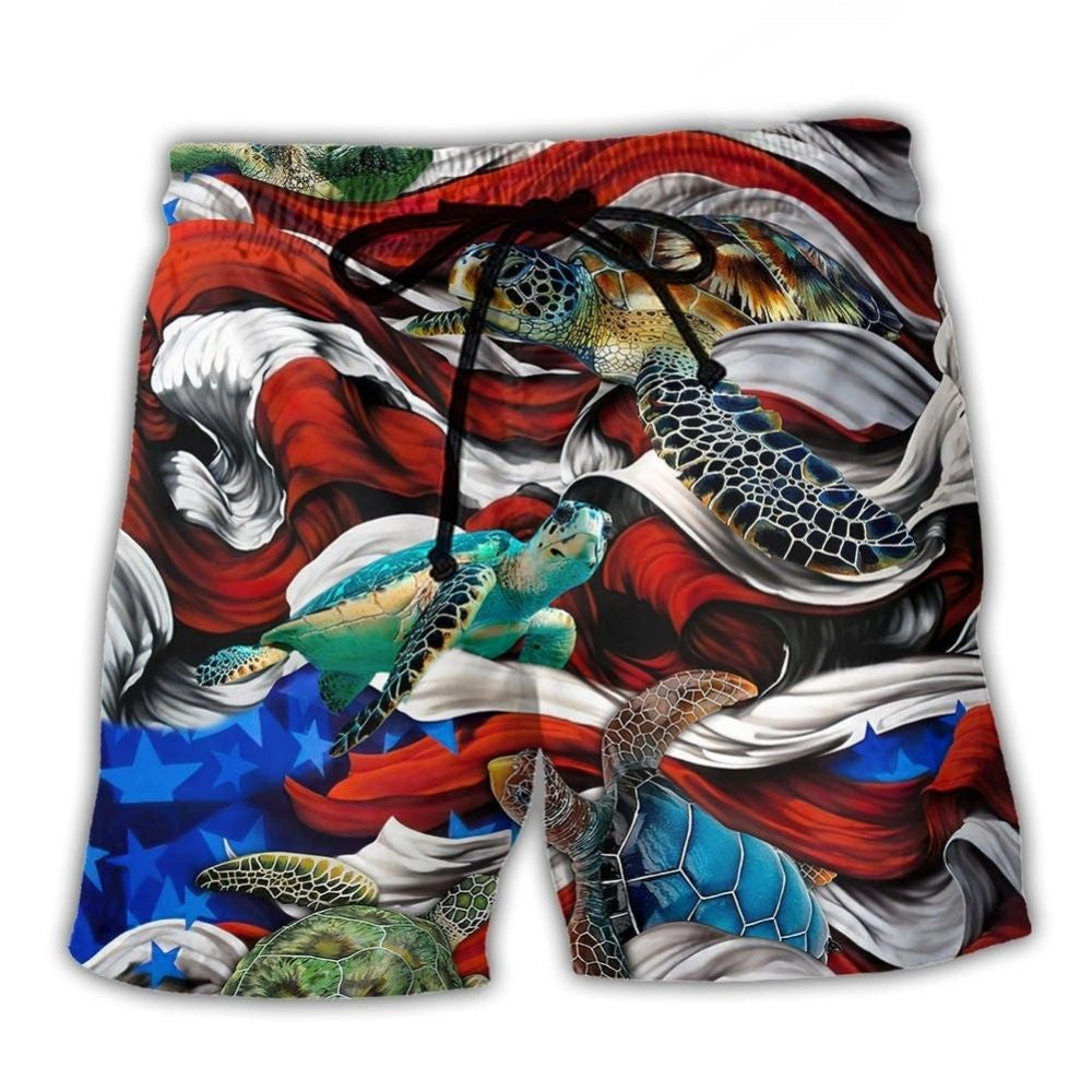 Turtle Swimming USA Flag Independence Day - Beach Short