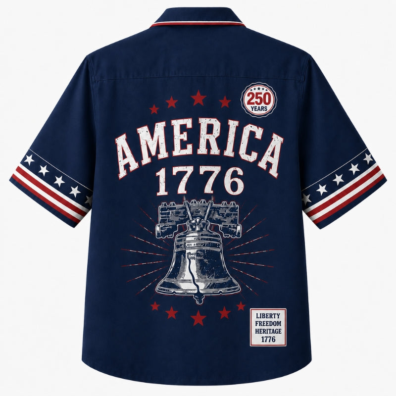 USA 250th Anniversary Wide Hawaiian Shirt- America Liberty Bell Navy
