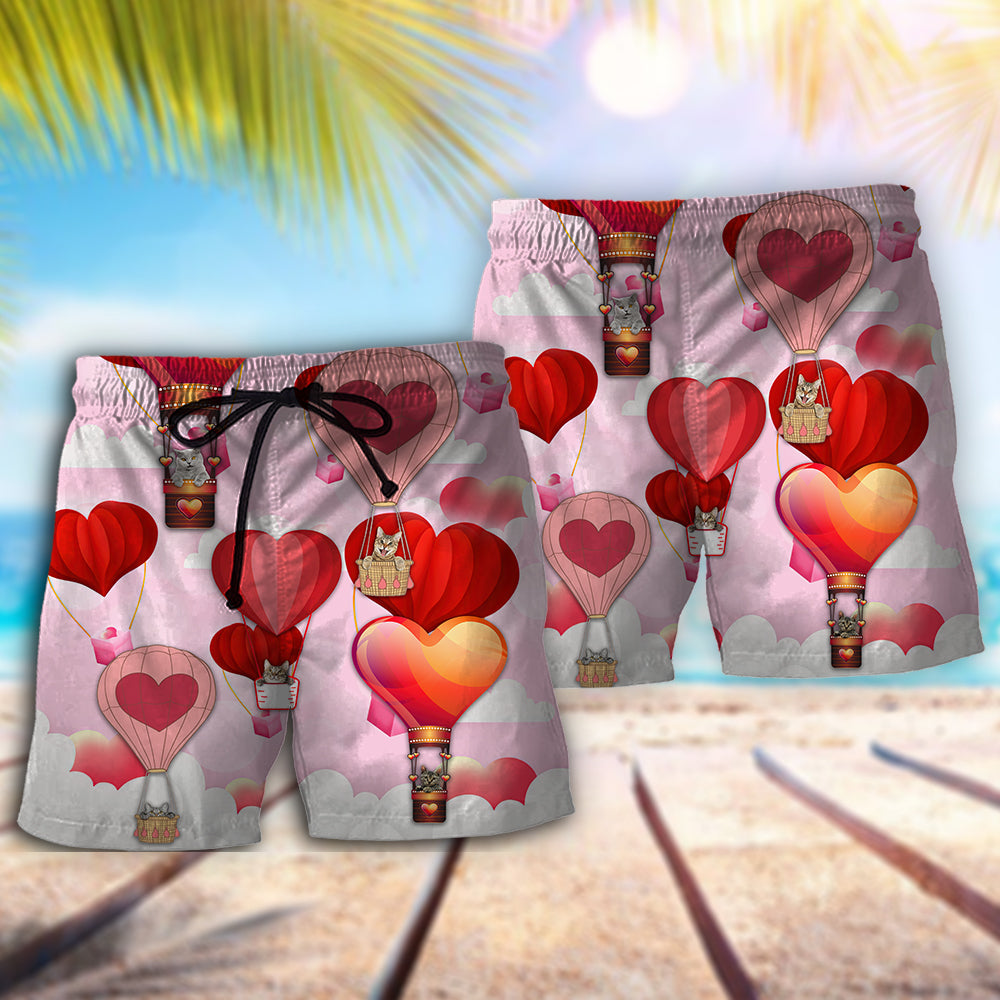 Valentine Cat Hot Air Balloon Art - Beach Short