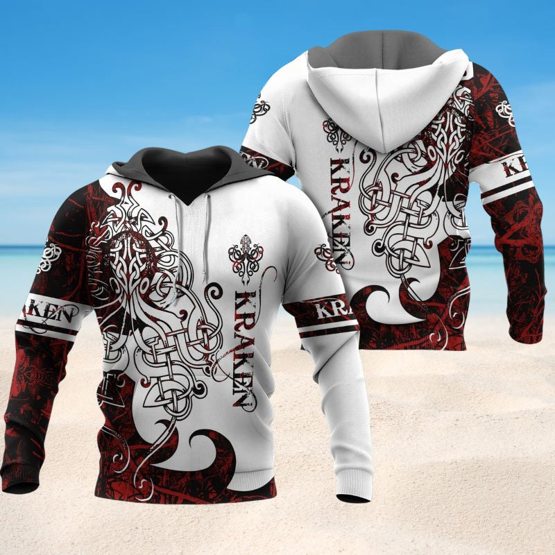 Viking Kraken Legend Red And White Art – 3D Hoodie