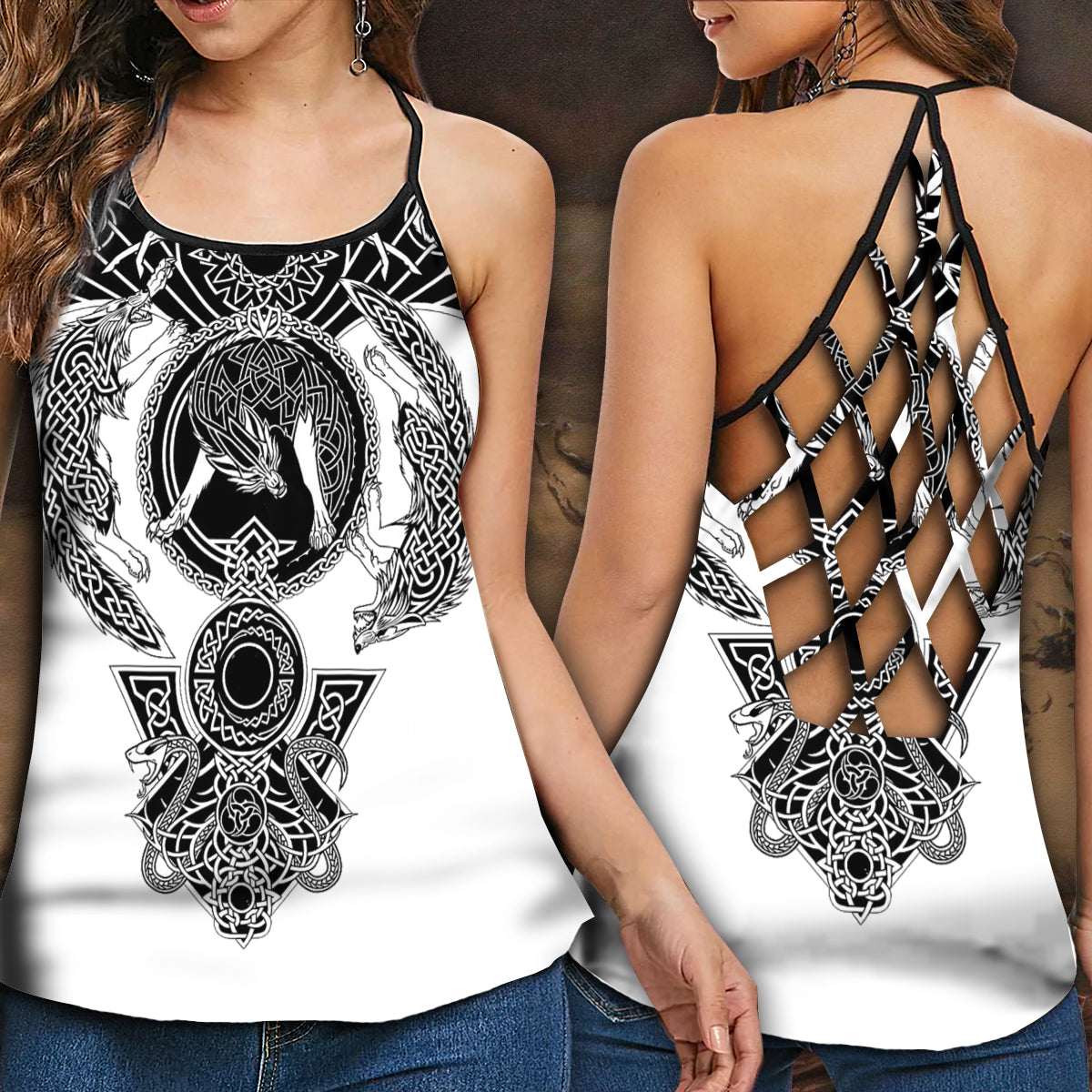 Viking Black And White Pattern – Hollow Tank Top
