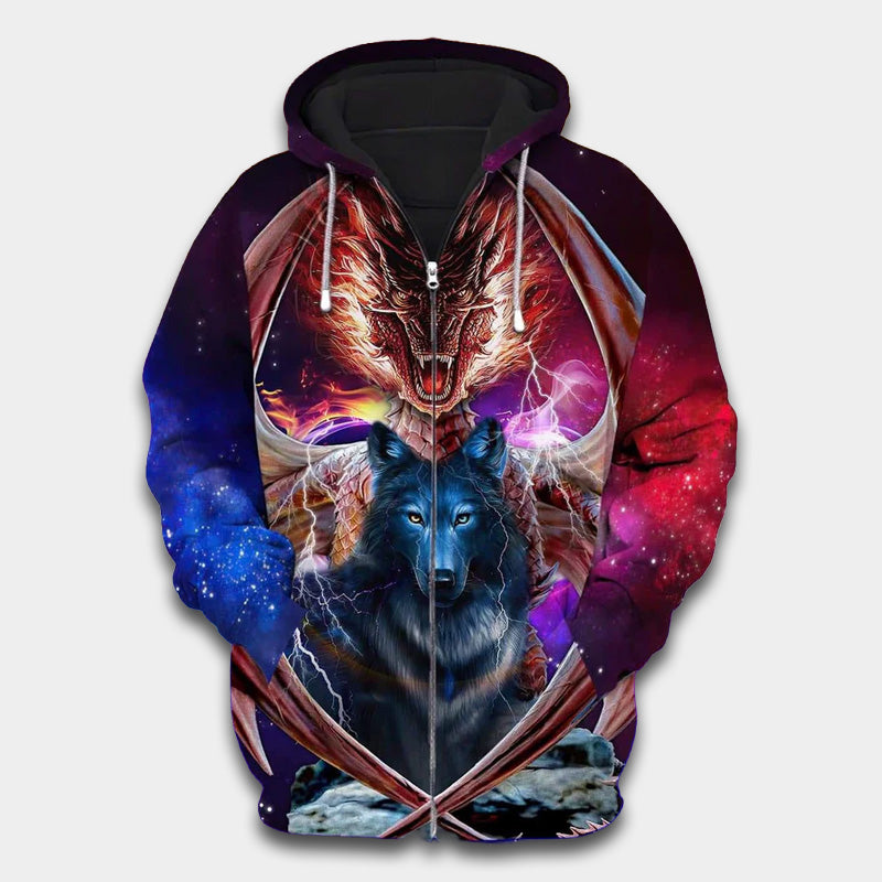 Wolf And Dragon Red Blue Art – 3D Hoodie