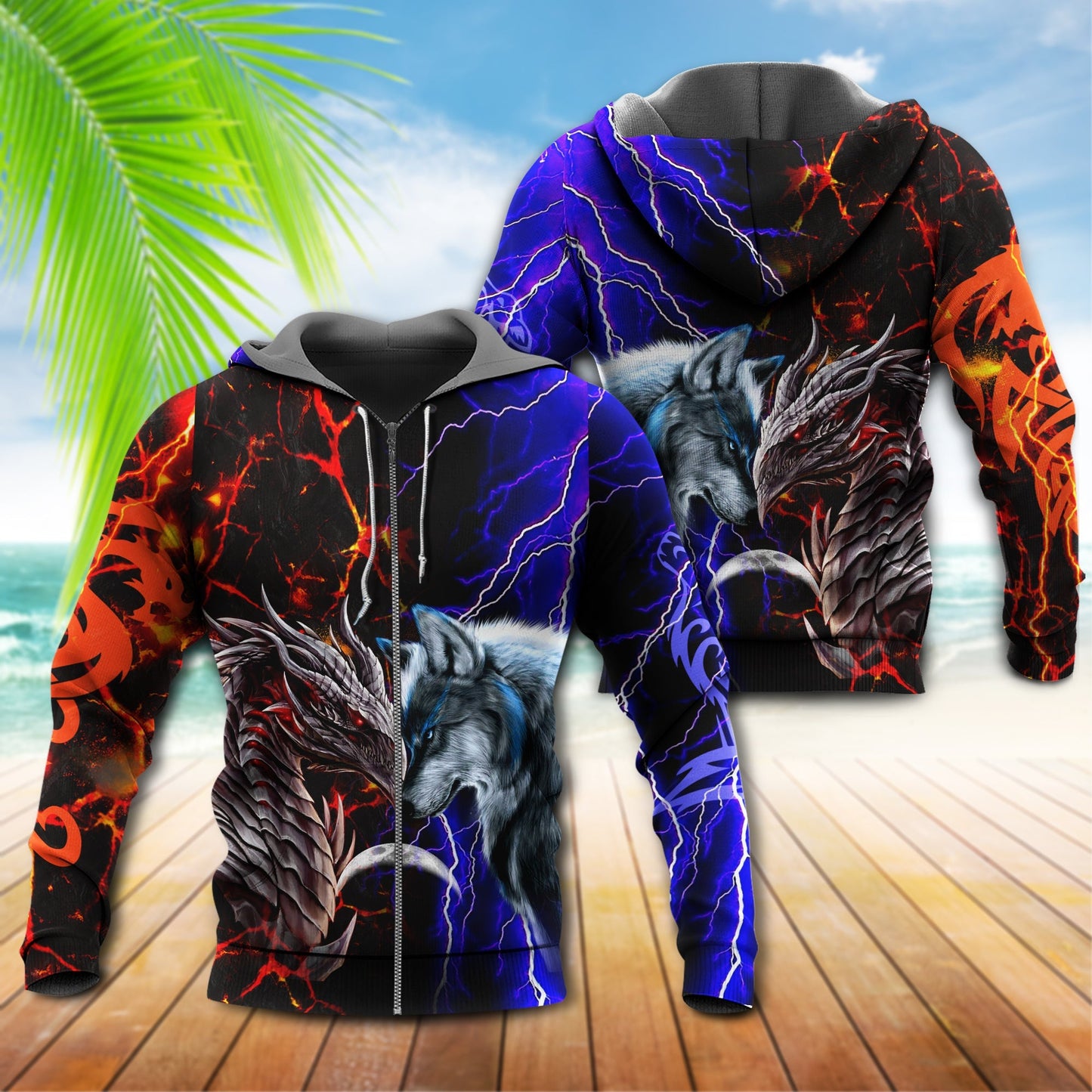 Wolf Dragon Red Blue Fantasy - 3D Hoodie