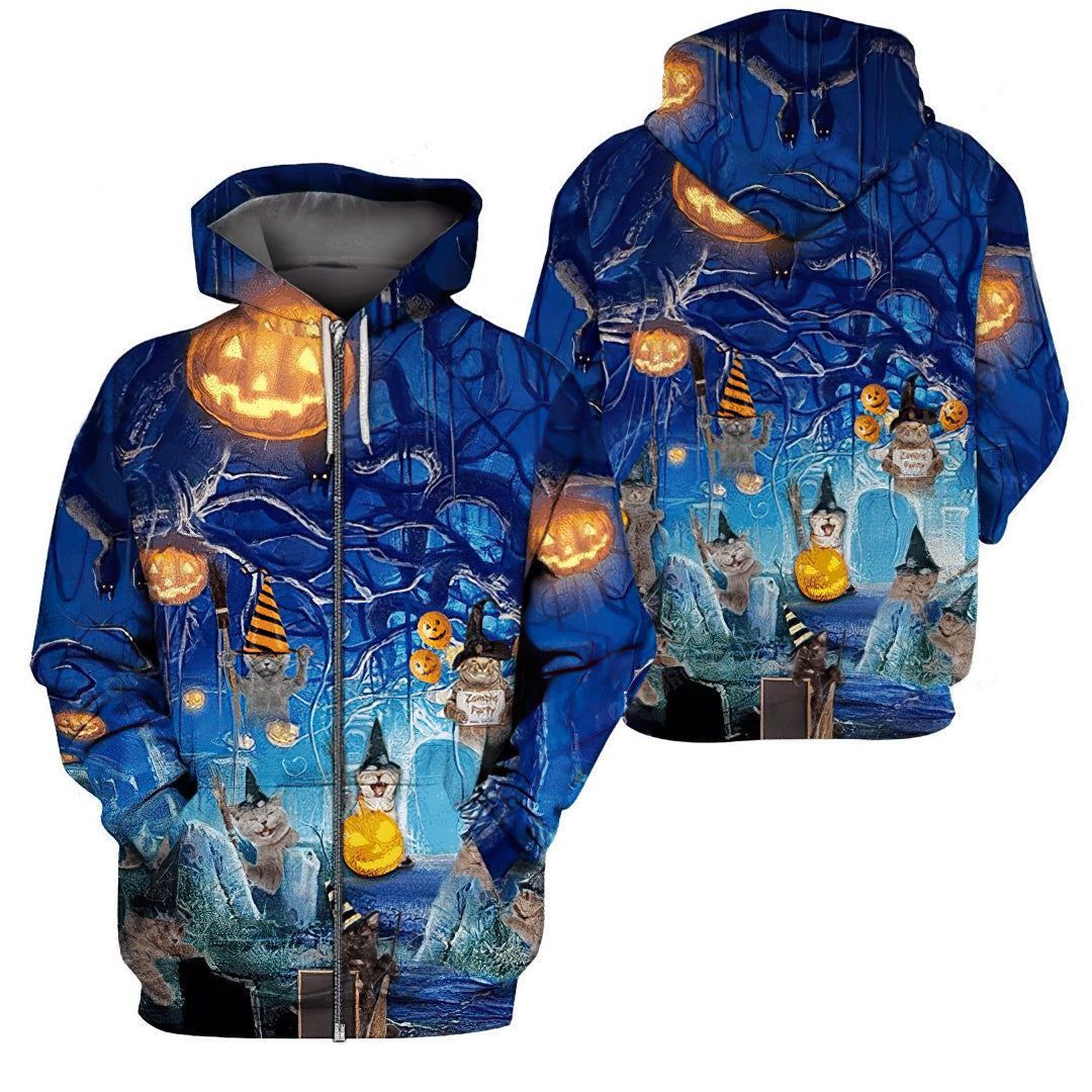 Blue Halloween Cat Art – 3D Hoodie