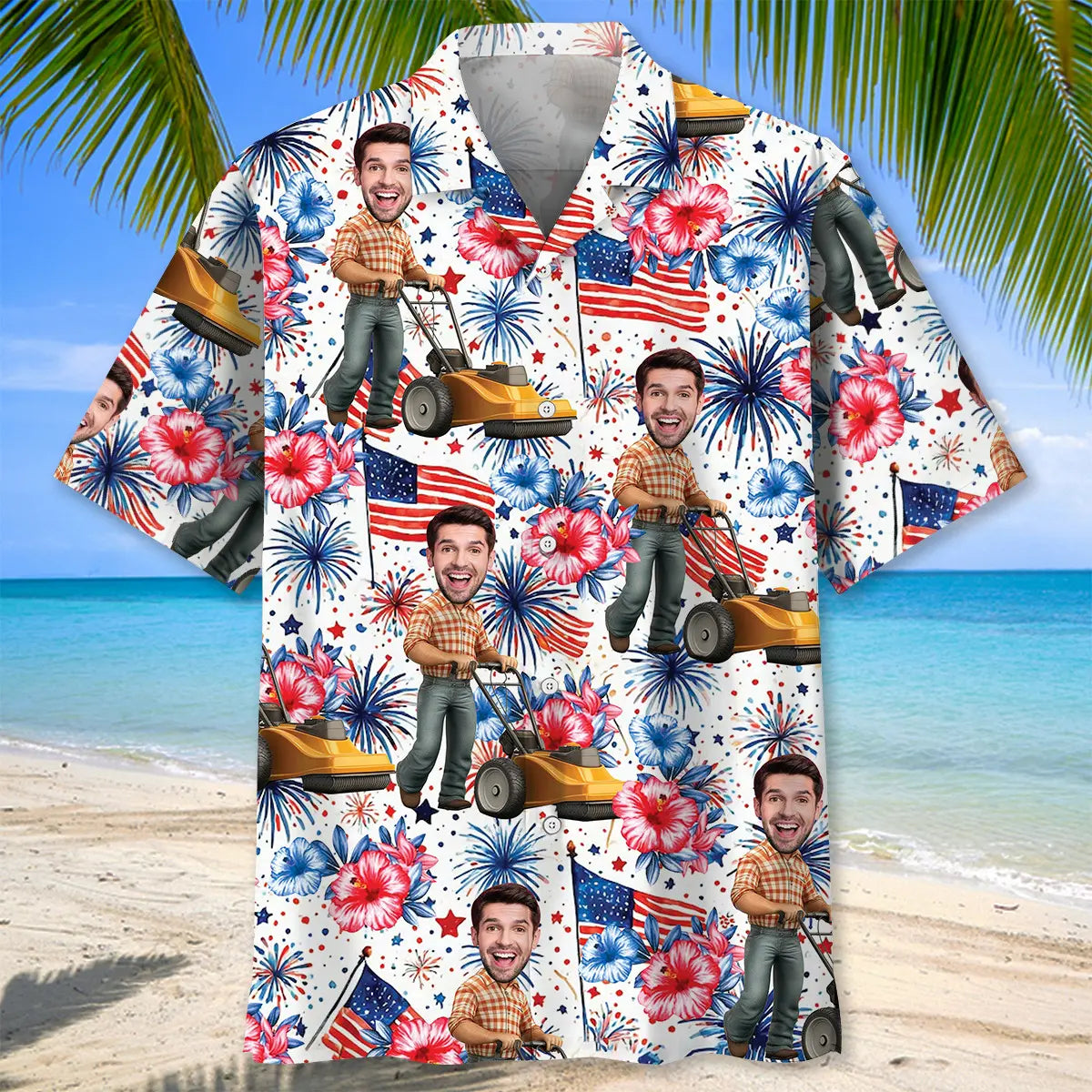 American Man Moving Lawn Mower Custom Photo Face Hawaiian Shirt