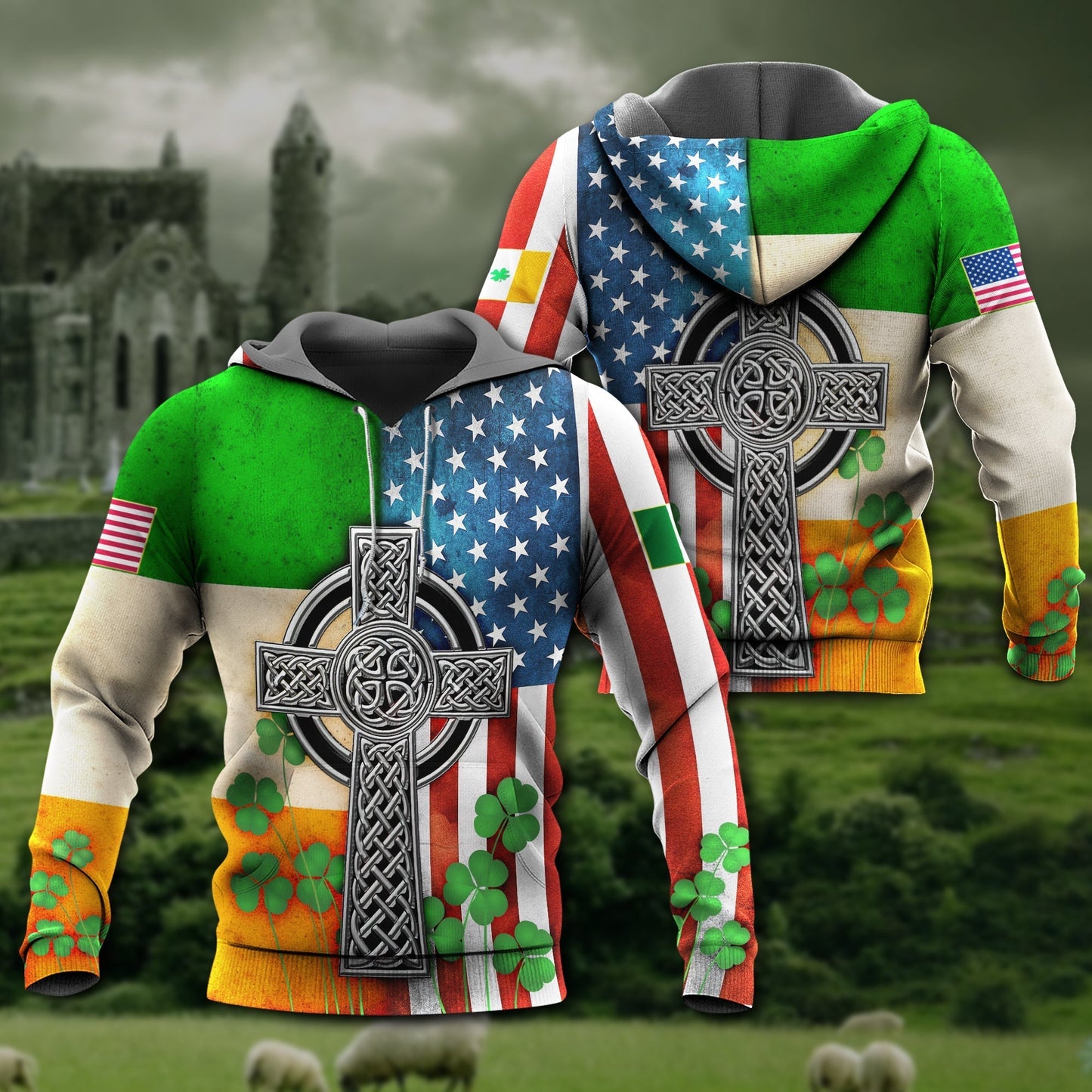 Irish American Flag Celtic Cross - 3D Hoodie