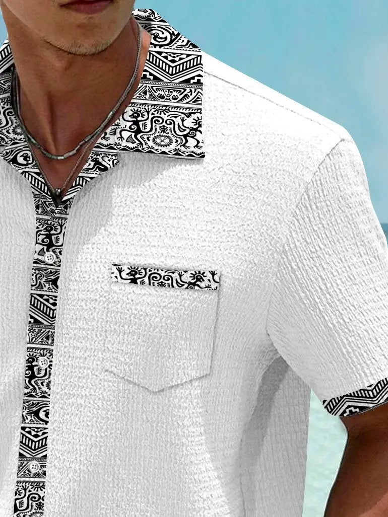 Basic Ethnic Pattern Patchwork Printed Men's Seersucker Stretch Hawaiian Shirt