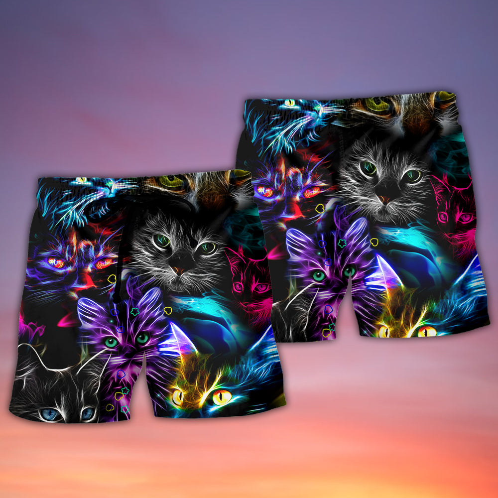 Funny Cat Neon Light Colorful Art – Beach Short