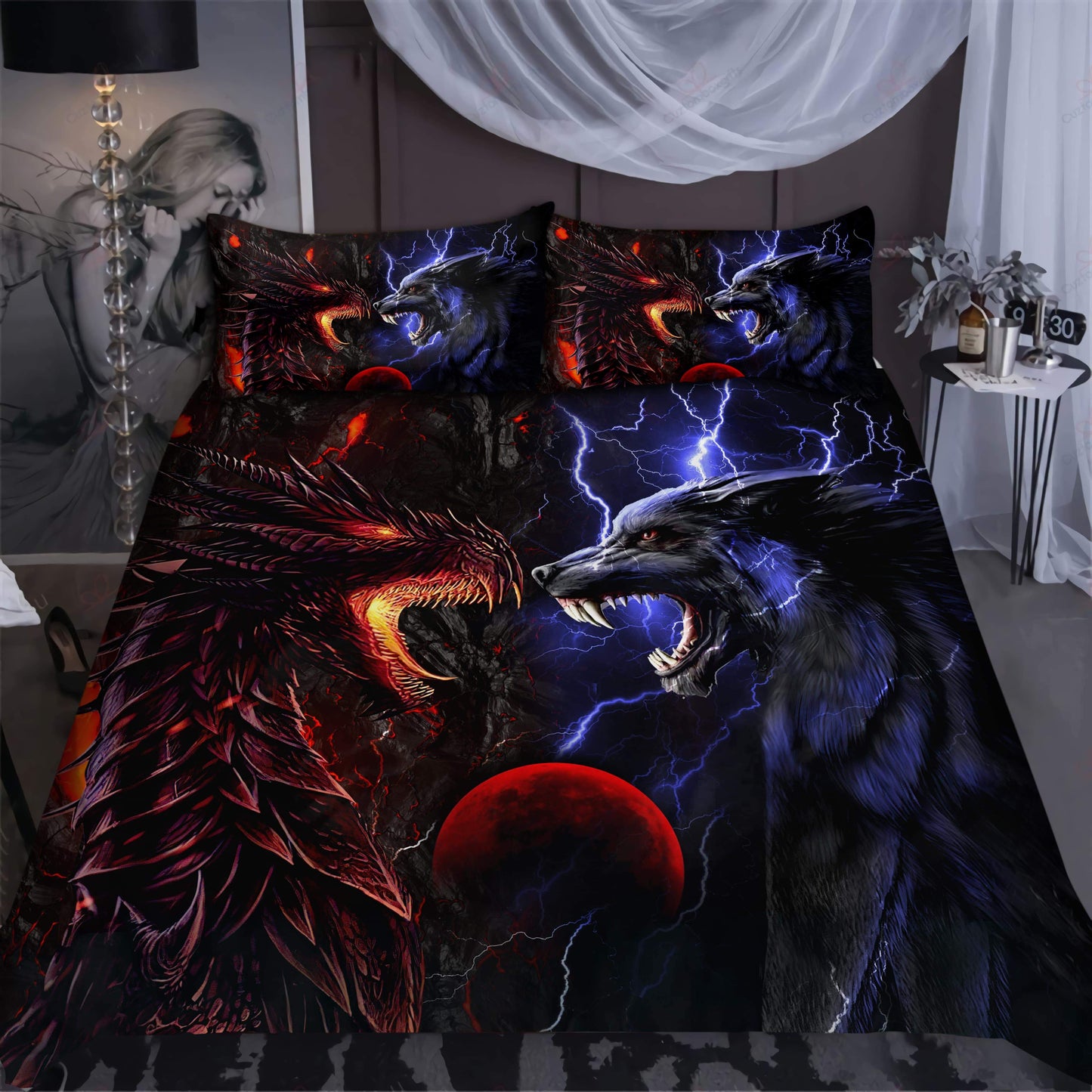 Red And Blue Dragon And Wolf Fantasy Bedding Cover For Fantasy Bedroom Decor