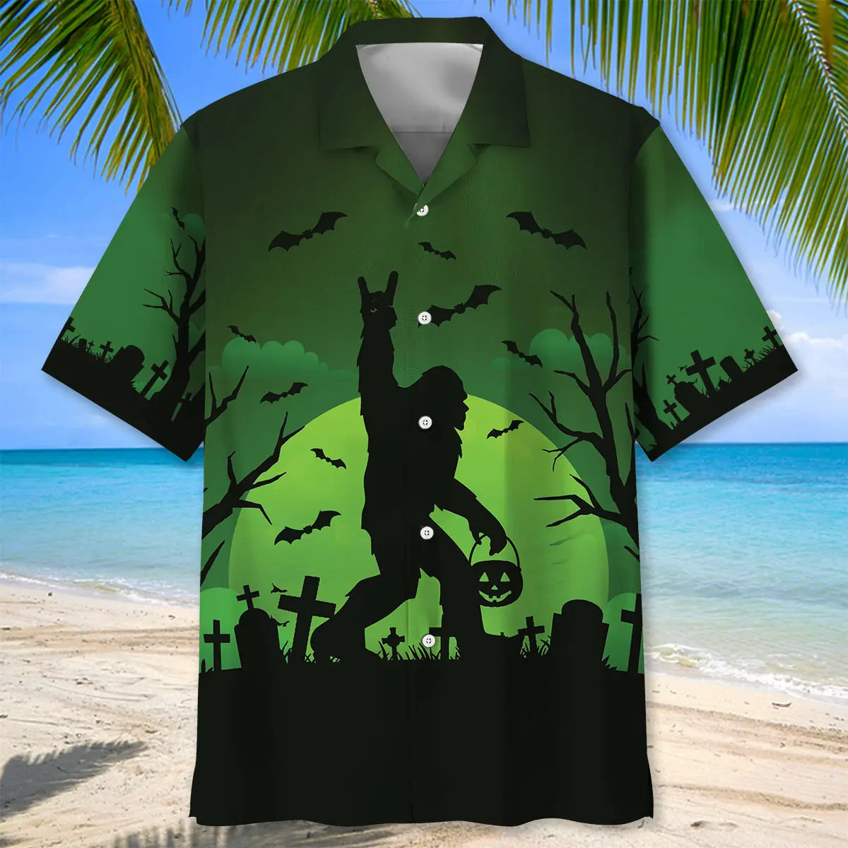 Bigfoot Halloween Night Green Hawaiian Shirt