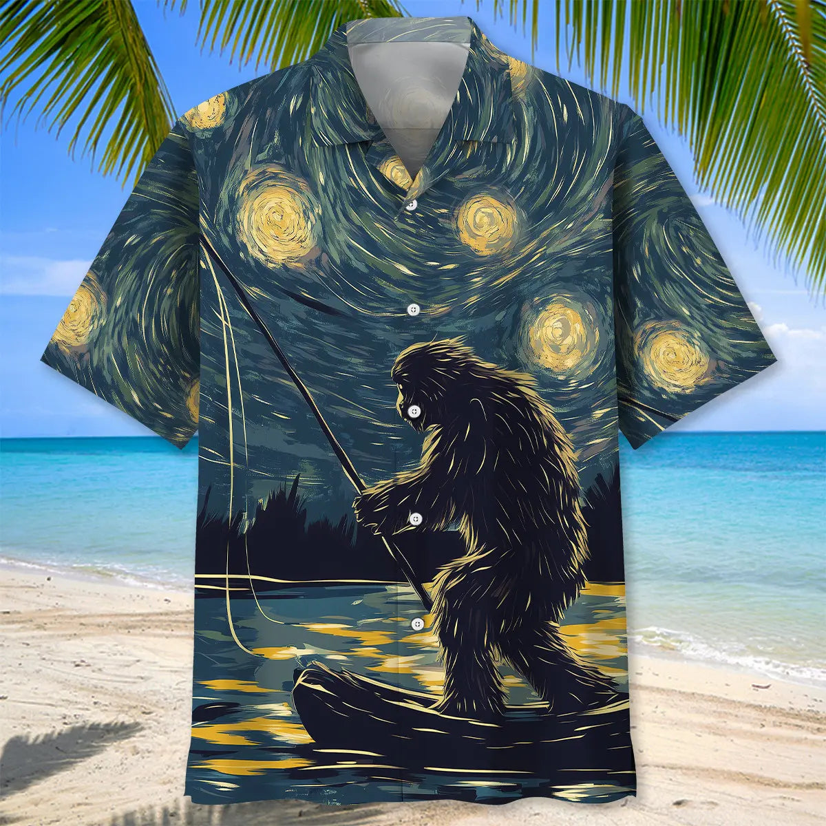 Bigfoot Starry Night Sasquatch Van Gogh Painting Art Hawaiian Shirt