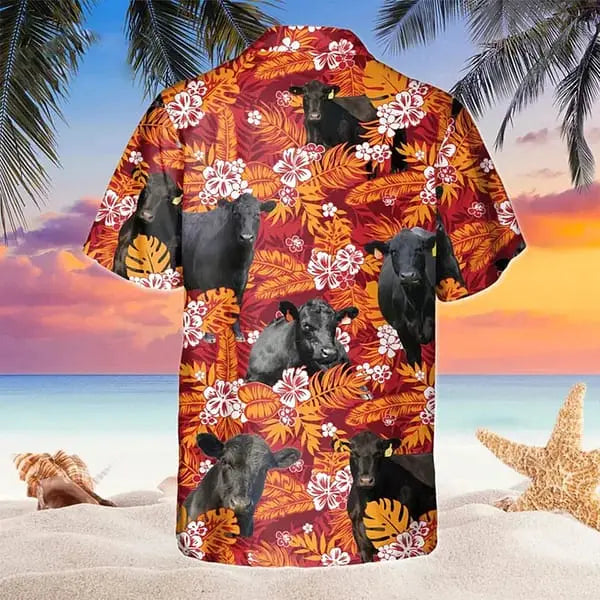 Black Angus Red Orange Floral Trendy Hawaiian Shirt Cow Hawaii Shirts Men Trendy Hawaiian Shirt Women