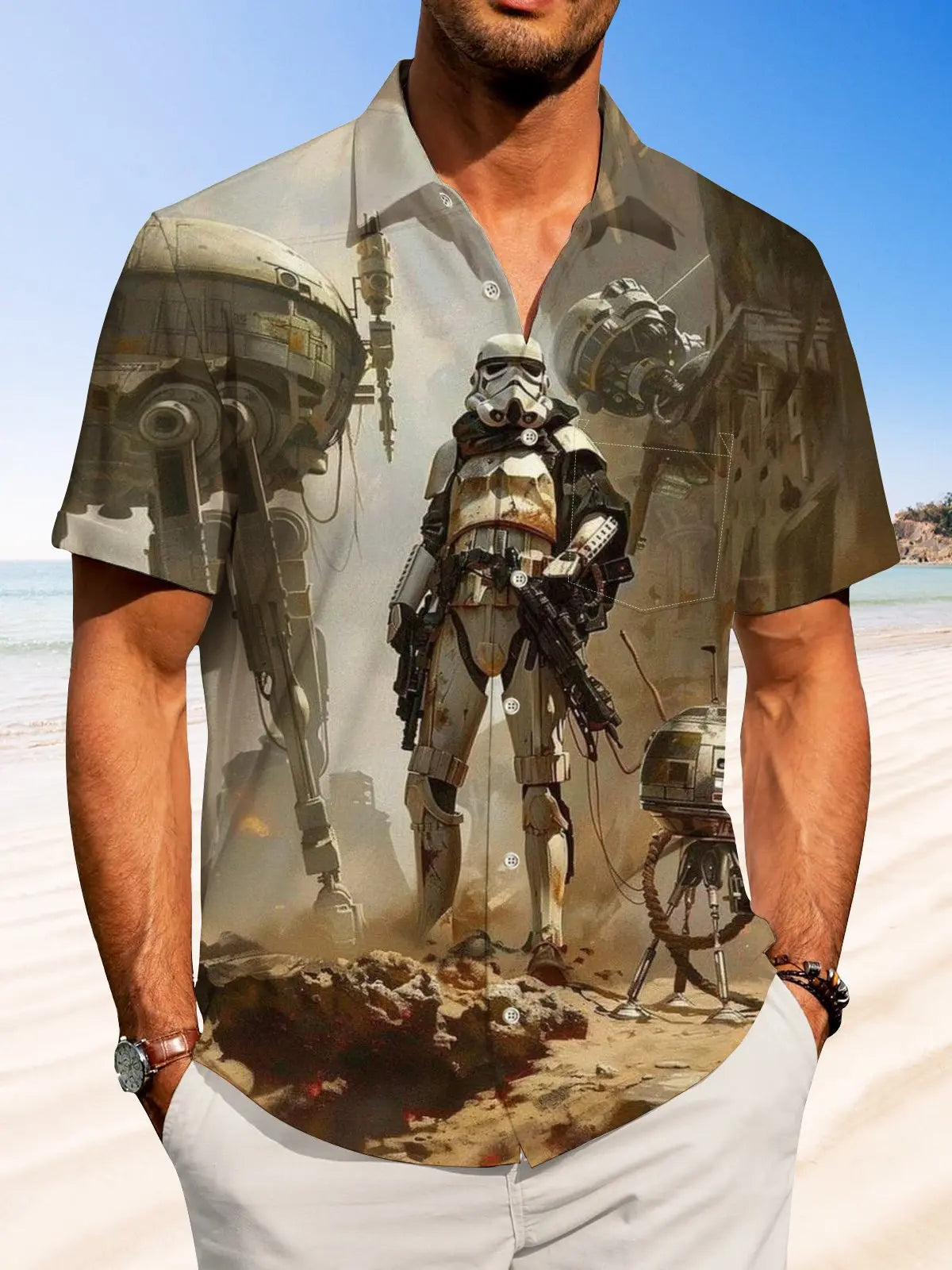 Casual Vintage Star Wars Print Art Button Stretch Large Size Hawaiian Shirt