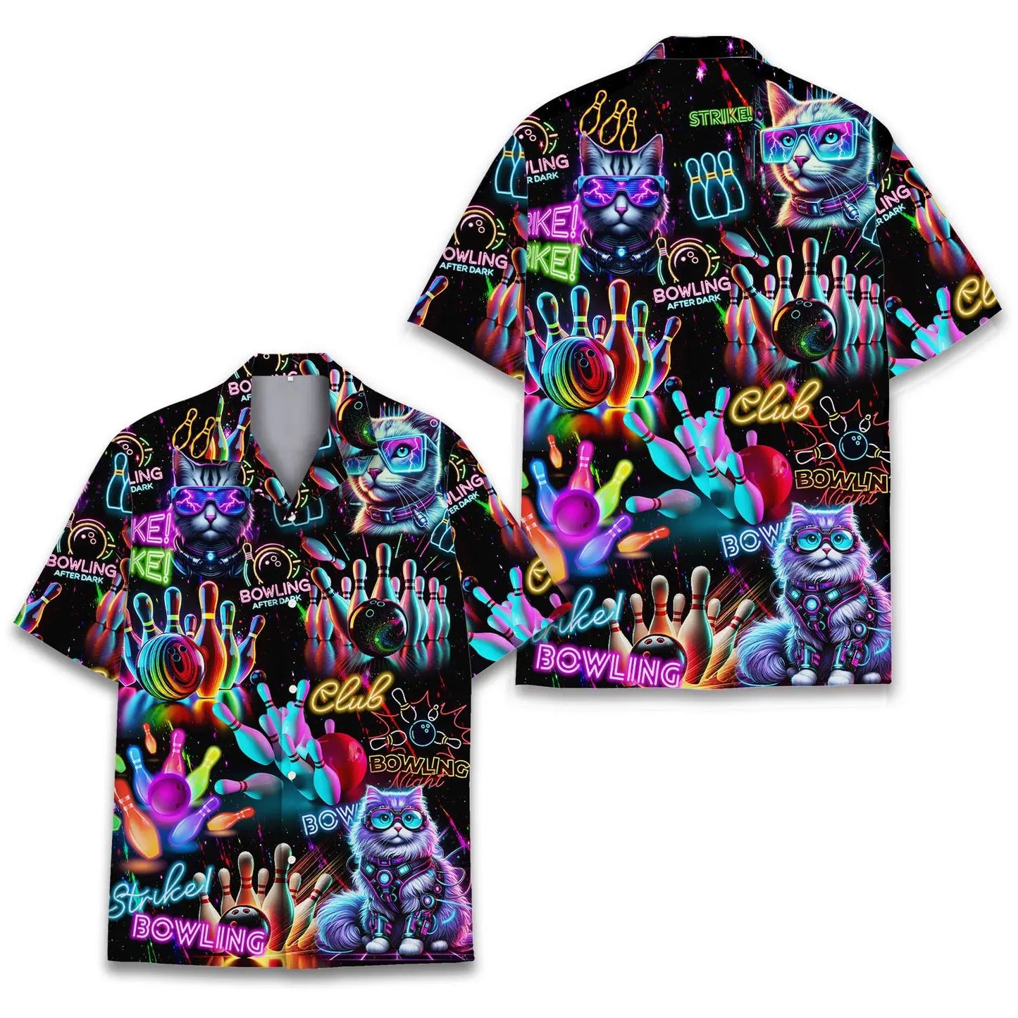 Neon Bowling Cat Unisex Hawaiian Shirt Aloha Shirt