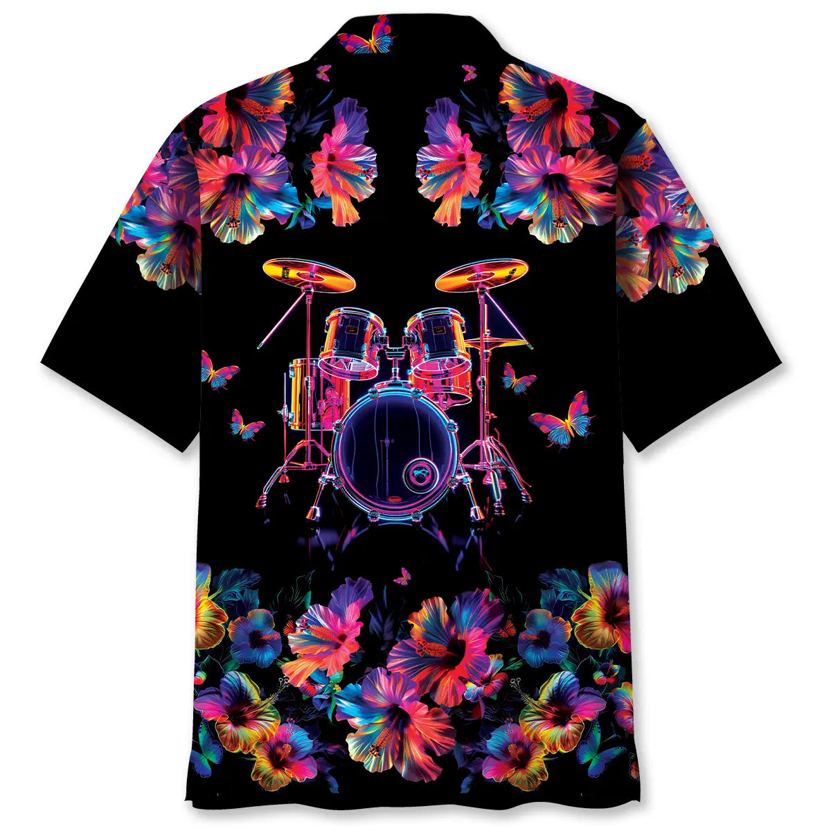 Drum Neon Hibiscus Flower Hawaiian Shirt