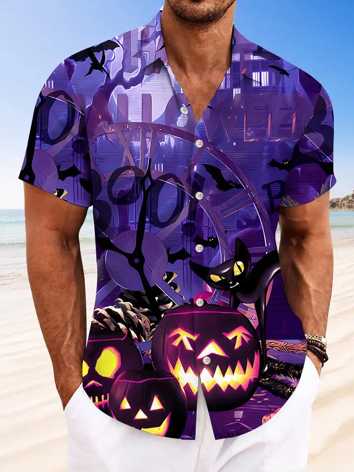 Halloween Pumpkin Mens Button Down Casual Hawaiian Shirt