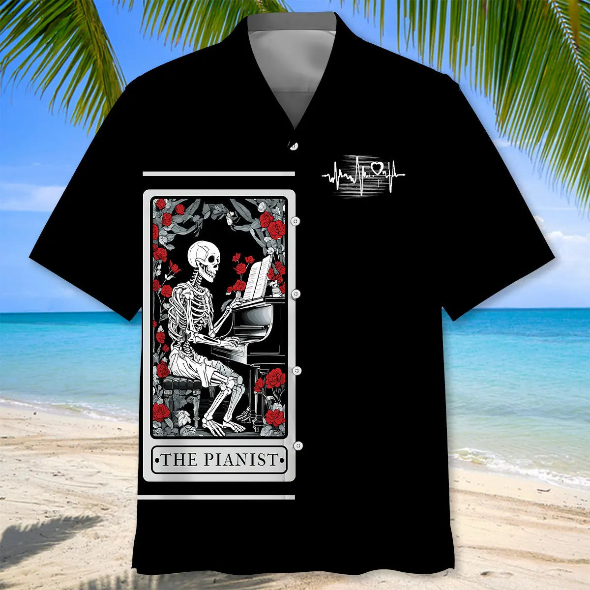 Halloween Skeleton Plays Piano Tarot Card Hawaiian Shirt