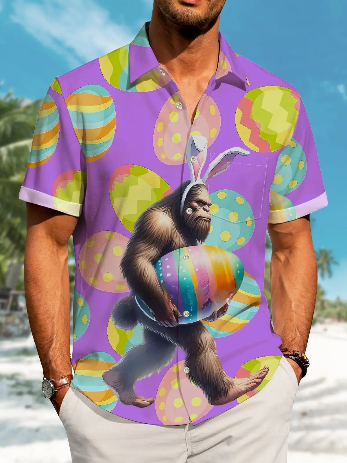 Hawaii Easter Bigfoot Print Art Buttons Stretch Large Size Men's Hawaiian Shirt