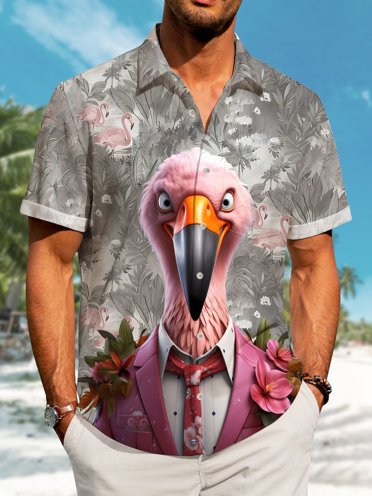 Hawaii Gentleman Flamingo Print Art Button Stretch Large Size Men's Hawaiian Shirt