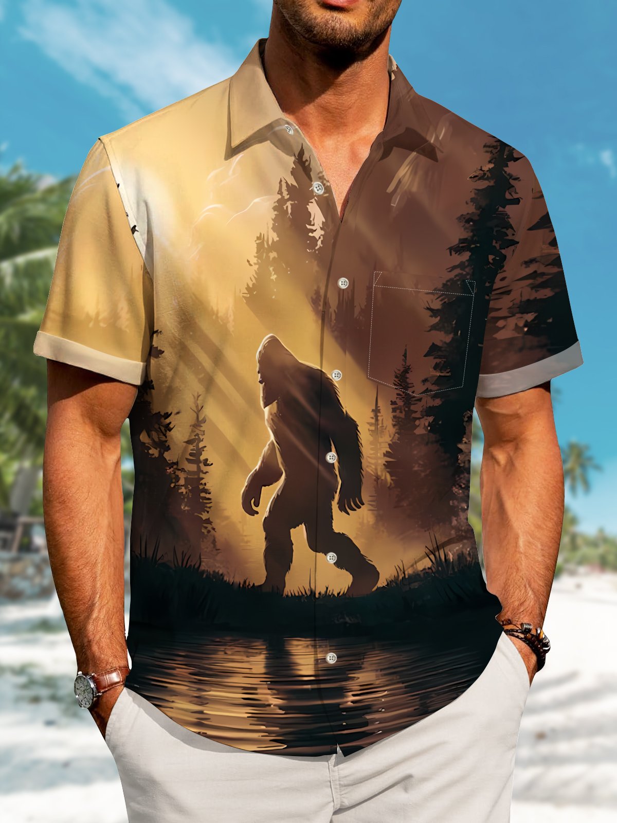 Hawaii Resort Style Bigfoot Print Art Button Stretch Large Size Men's Hawaiian Shirt