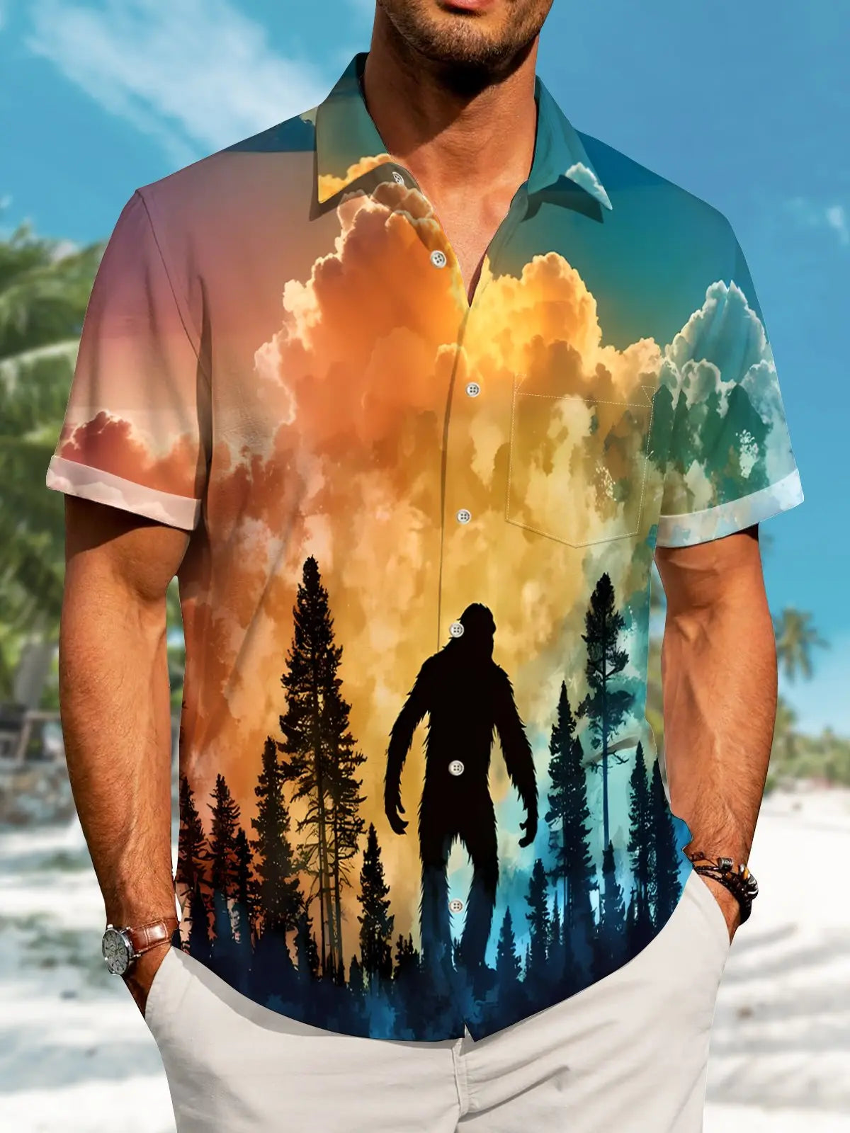 Hawaii Resort Style Bigfoot Silhouette Print Art Buttons Stretch Large Size Men's Hawaiian Shirt