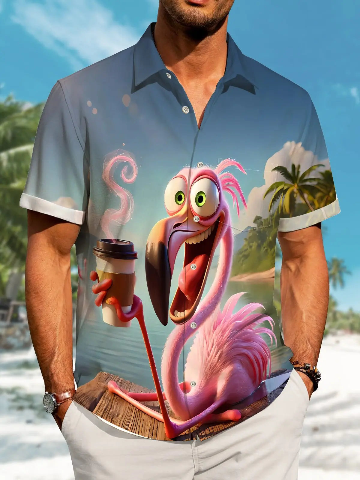Hawaii Resort Style Flamingo Drinking Coffee Print Art Button Stretch Large Size Men's Hawaiian Shirt