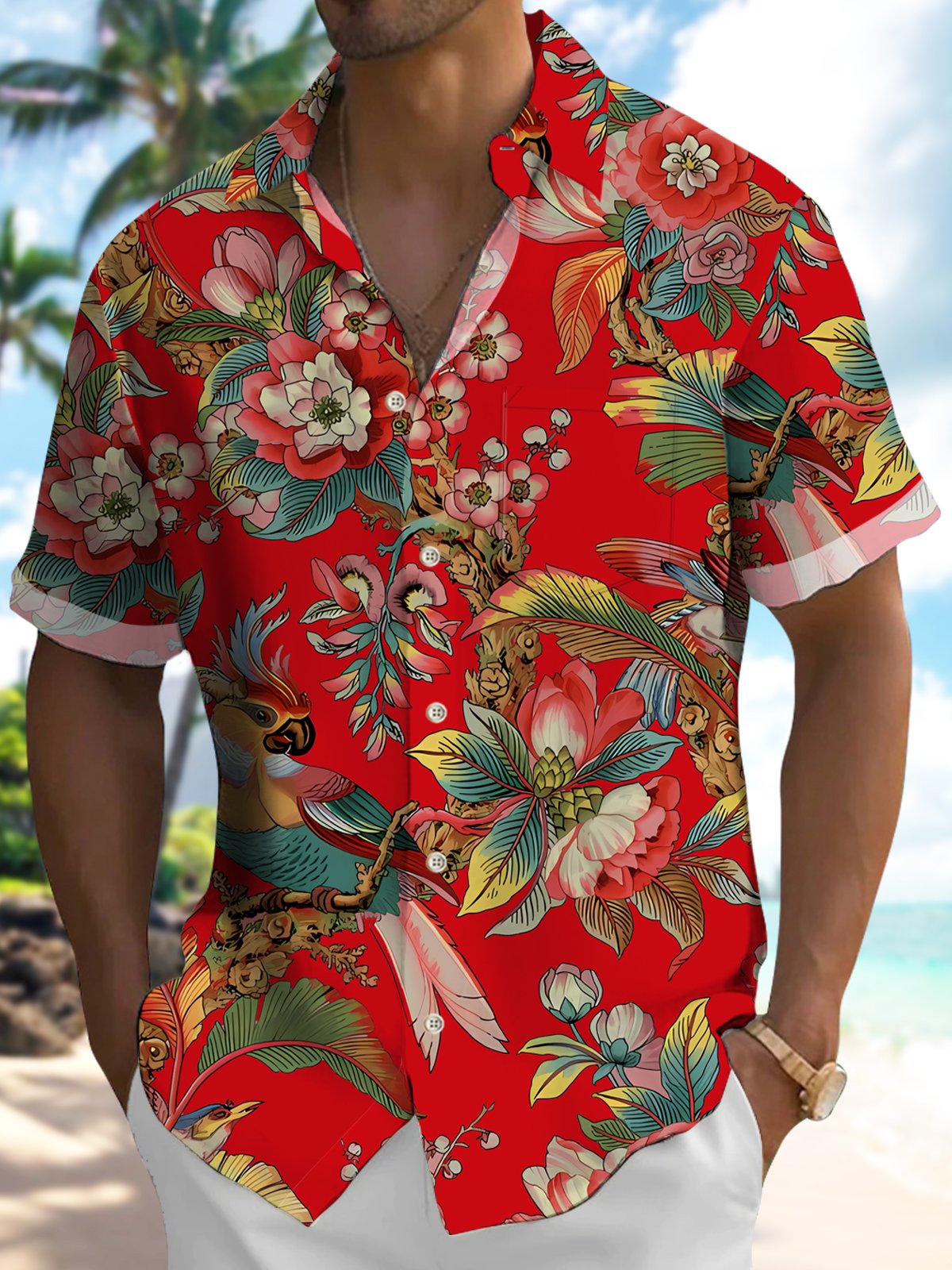 Hawaiian Vintage Floral Parrot Tropical Leaves Vacation Hawaiian Shirt