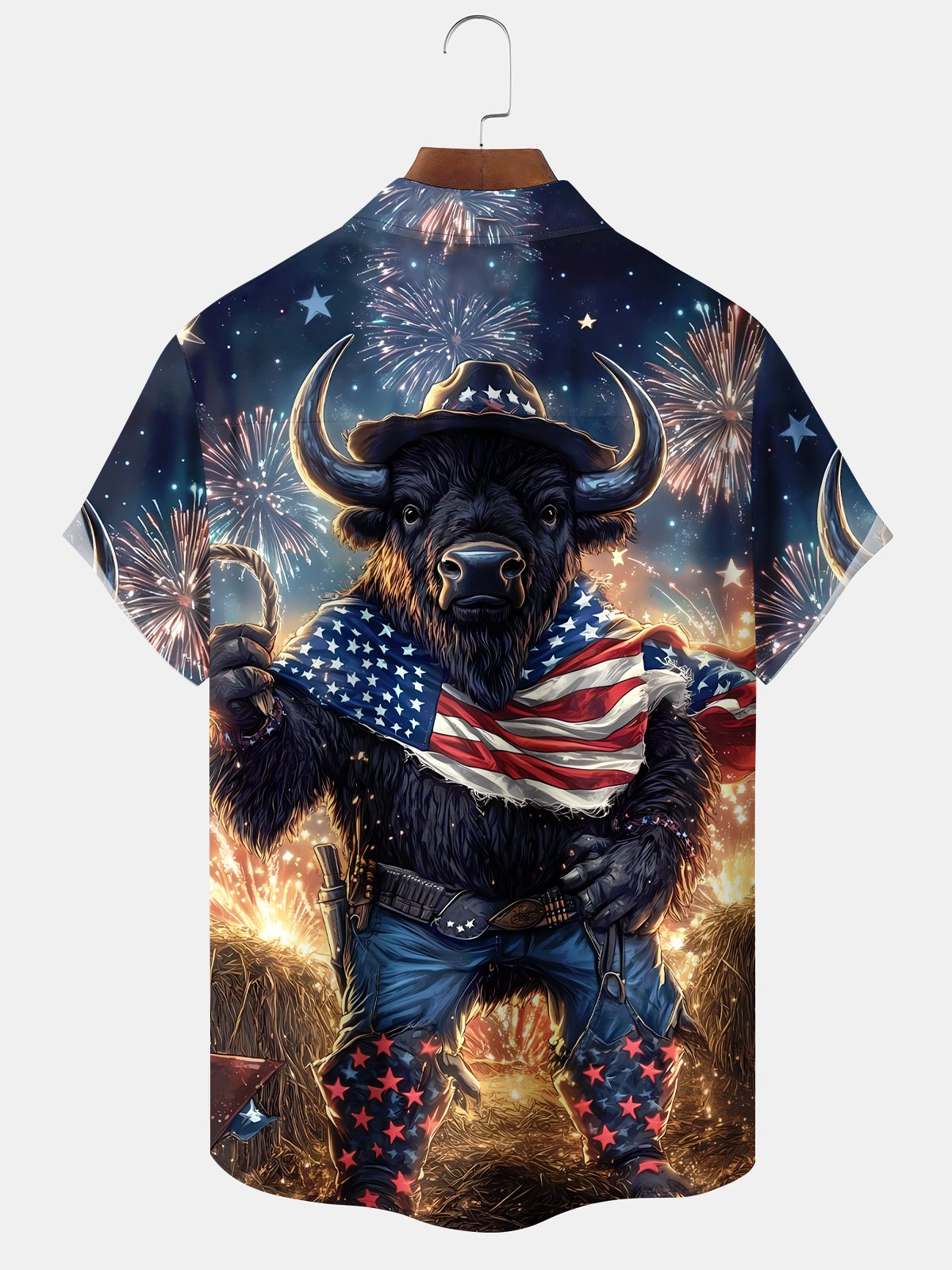 Holiday American Flag Bison Independence Day Fireworks Hawaiian Shirt