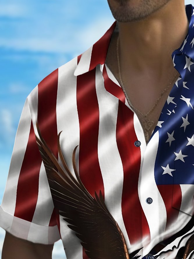 Holiday Men's Independence Day Flag Eagle Print Casual Breathable Hawaiian Shirt Big Tall