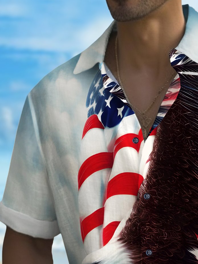 Holiday Men's Independence Day Flag Eagle Print Casual Breathable Hawaiian Shirt Big Tall