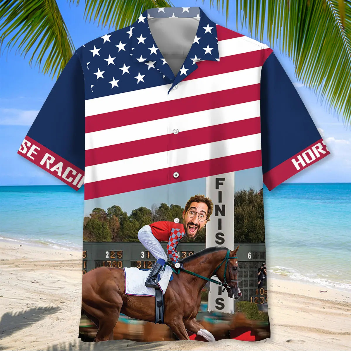 Horse Racing Alone At The Finish Custom Photo Face Hawaiian Shirt