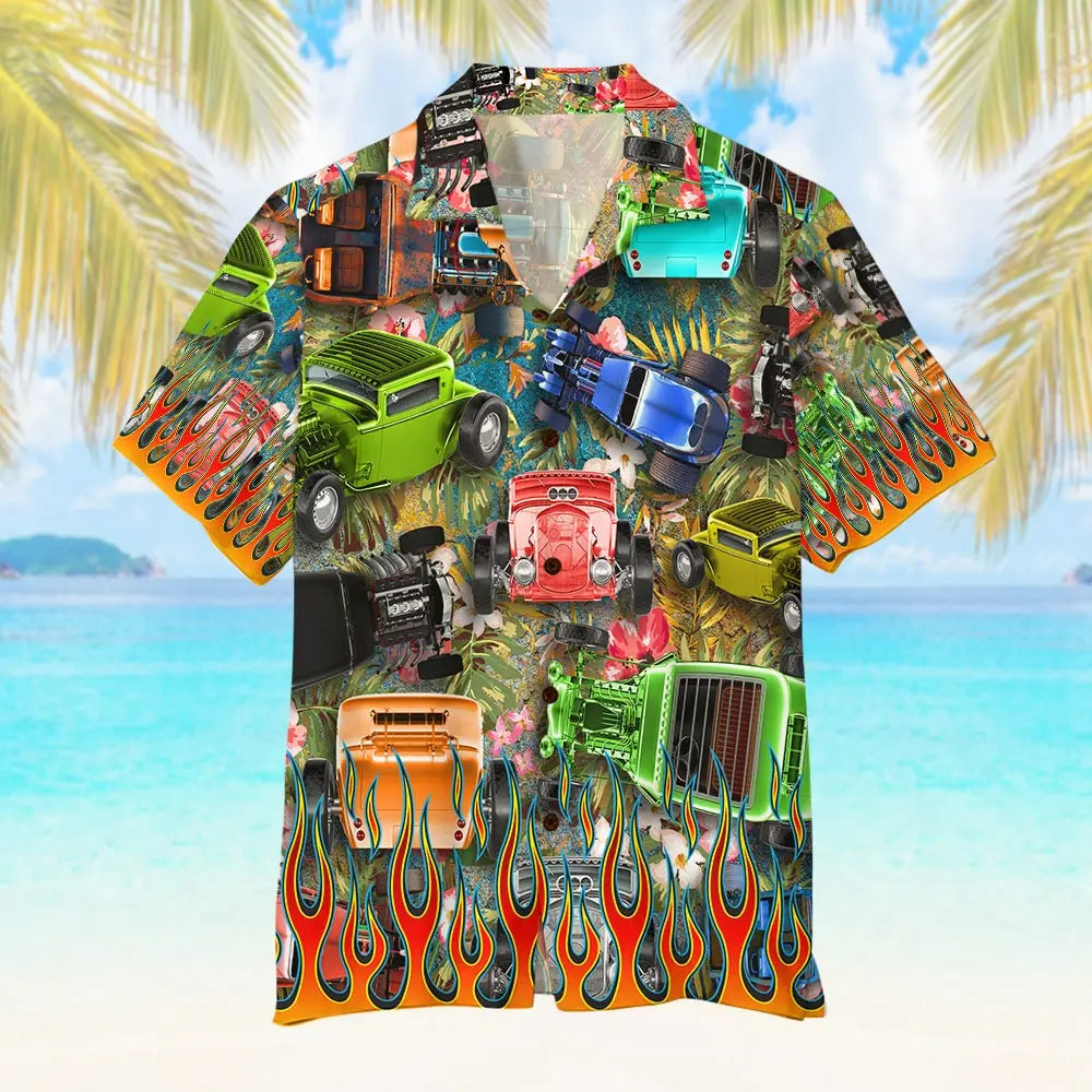 Hot Rod Unisex Hawaiian Shirt Aloha Shirt Summer Vibe Colorful Racing Cars Theme