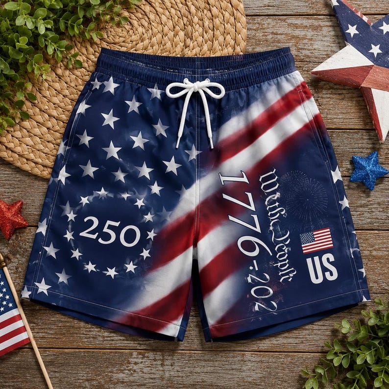 Beach Short / Adults / S America 250th We The People Beach Shorts, 1776-2026 USA Flag Patriotic Swim Trunks