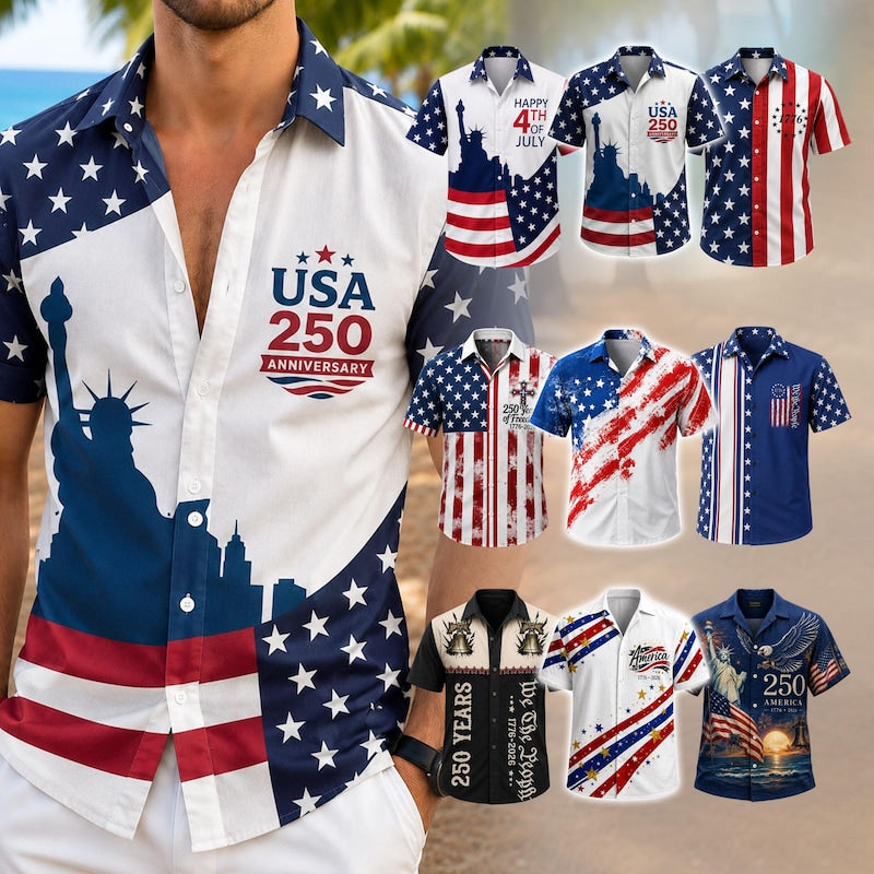 America 250th Anniversary Flag Button Up Hawaiian Shirt