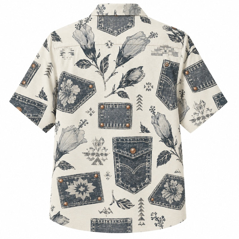 Labor Day Hawaiian Shirt - Bandana Patch & Leaf Stamp Print for Men
